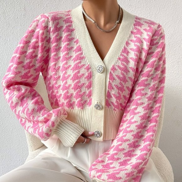 Multicolor Preppy Womens Houndstooth Pattern Lantern Sleeve Cardigan - Picture 5 of 5